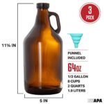 Ilyapa Amber Growlers for Beer, Beer Growler 3 Pack – 64 oz Half Gallon Glass Jug Set with Lids – Great for Home Brewing, Kombucha, Cider & More