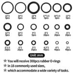 300 Pcs Rubber O-Rings Assortment Kit, 18 Sizes Nitrile Rubber O Rings Sealing Kits, for Plumbing, Faucet Tap, Automotive Repair, Mechanic, Air or Gas Connections