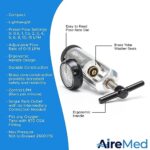 AireMed Oxygen Regulator 0-15LPM, CGA-870 Gauge Flow Rate – Includes Wrench Key, 5 Brass Yoke Washer Seals, and 2 Oxygen Tubing Swivel Connectors – Ergonomic Handle Design – Silver